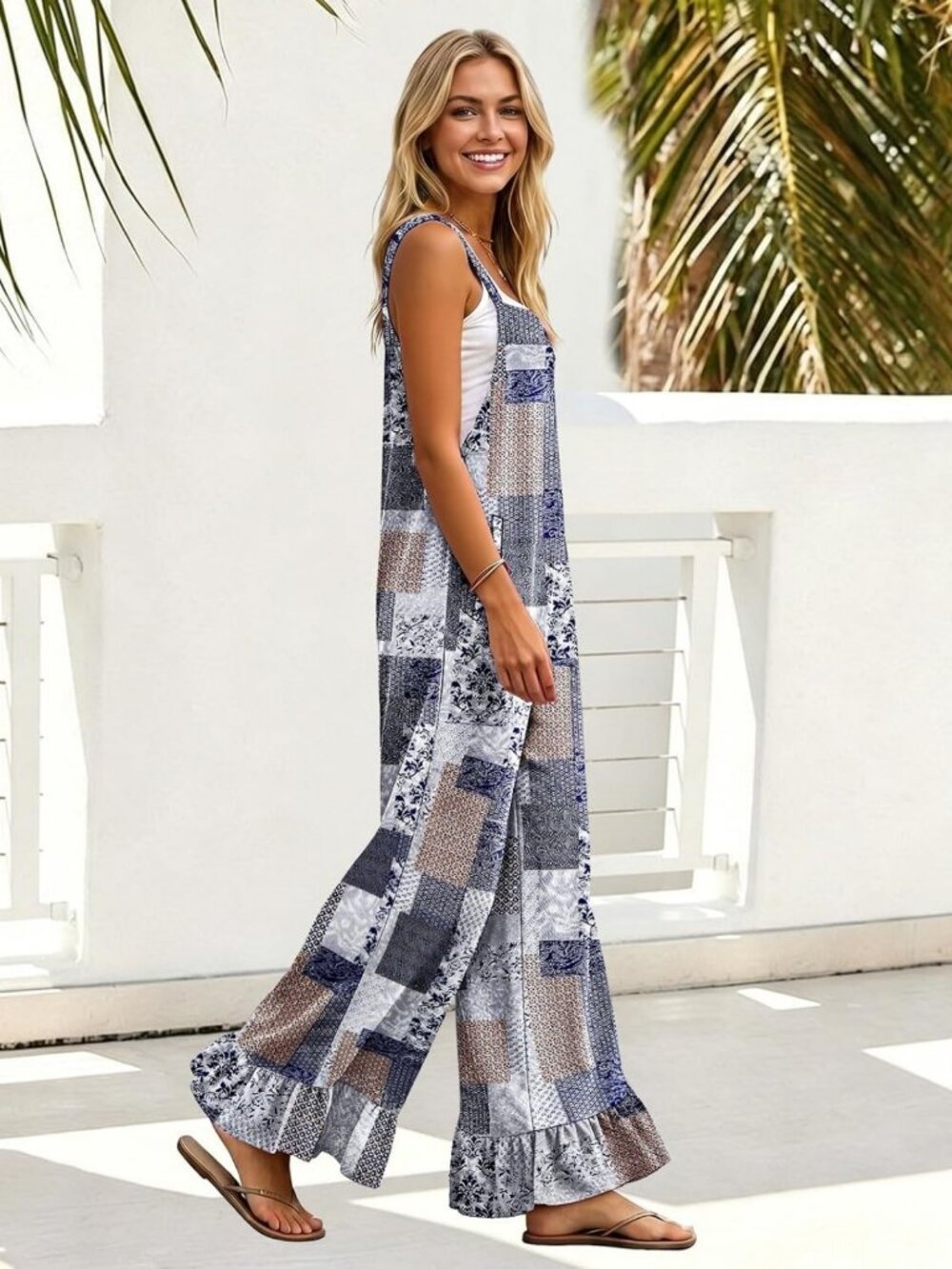 Bohemian Floral Print Loose Wide Leg Jumpsuit with Ruffle Hem - Casual Romper - Picture 4 of 5